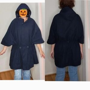 SPORTO Wool Blend Hooded Zip Front Snap Button Side Poncho Jacket Navy